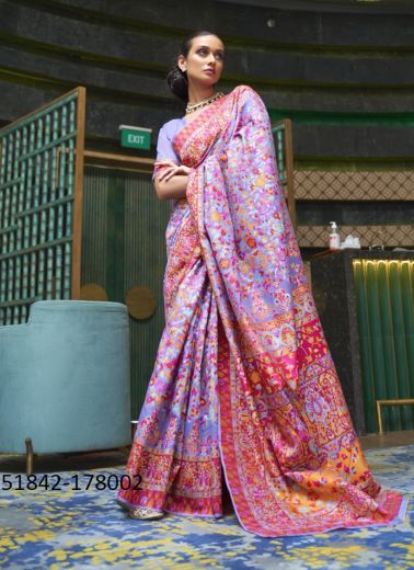 Lavender & Magenta Woven Kashmiri Saree For Traditional / Religious Occasions