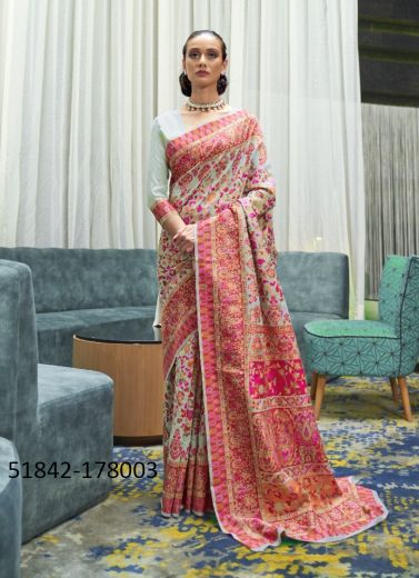 Sage Green & Magenta Woven Kashmiri Saree For Traditional / Religious Occasions