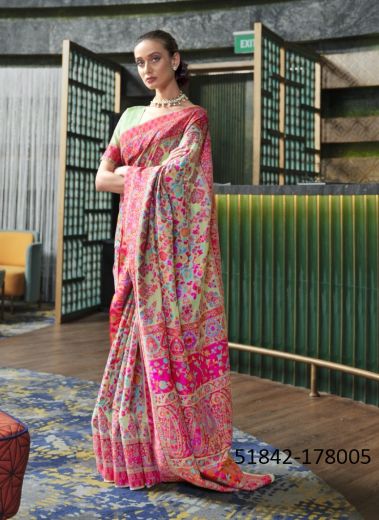 Light Green & Magenta Woven Kashmiri Saree For Traditional / Religious Occasions