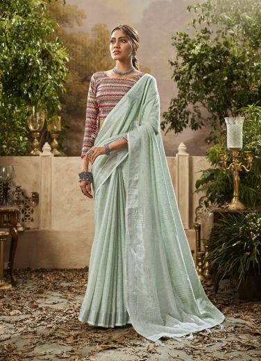 Light Mint Green Linen Party-Wear Fashionable Saree With Printed Blouse