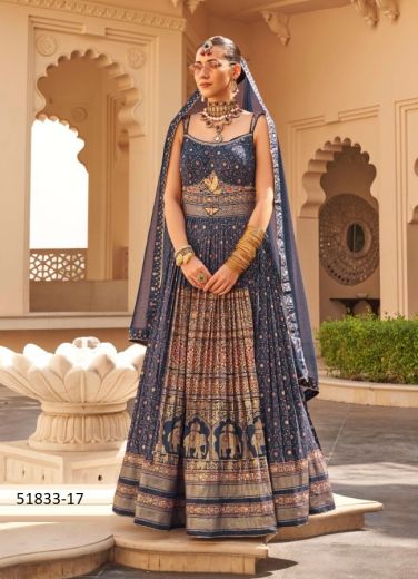 Navy Blue Patola Silk Foil-Printed Wedding-Wear Readymade Gown With Dupatta