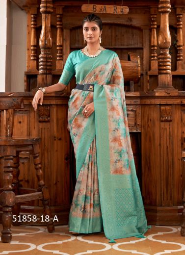 White & Teal Blue Nylon Digitally Printed Soft Silk Saree For Traditional / Religious Occasions