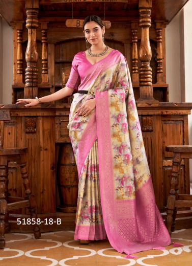 White & Hot Pink Nylon Digitally Printed Soft Silk Saree For Traditional / Religious Occasions