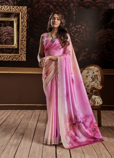 Hot Pink Pure Handloom Silk Digitally Printed Party-Wear Floral Saree
