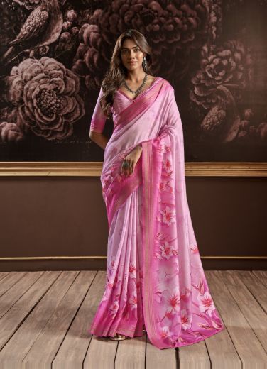 Pink Pure Handloom Silk Digitally Printed Party-Wear Floral Saree