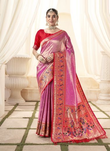 Pink Woven Paithani Tissue Silk Saree For Traditional / Religious Occasions