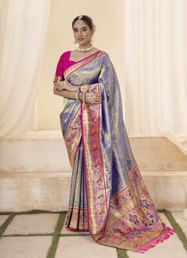 Violet Woven Paithani Tissue Silk Saree For Traditional / Religious Occasions
