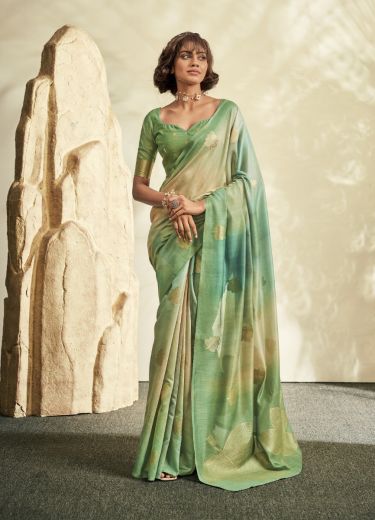 Light Green Pure Handloom Khadi Silk Digitally Printed Party-Wear Saree