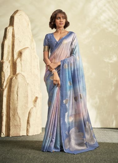 Steel Blue Pure Handloom Khadi Silk Digitally Printed Party-Wear Saree