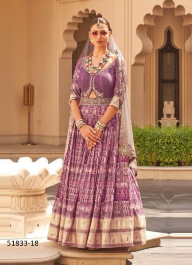 Purple Patola Silk Foil-Printed Wedding-Wear Readymade Gown With Dupatta