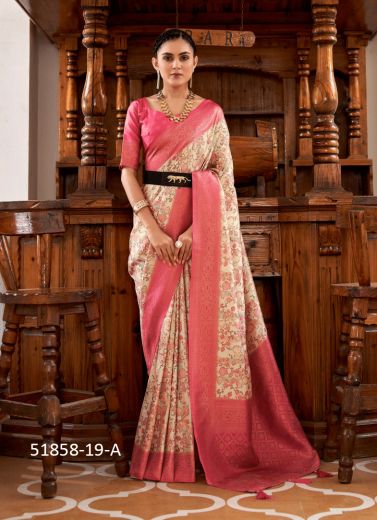 Bone White & Pink Nylon Digitally Printed Soft Silk Saree For Traditional / Religious Occasions