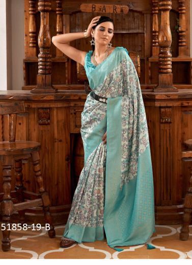 Light Blue Nylon Digitally Printed Soft Silk Saree For Traditional / Religious Occasions