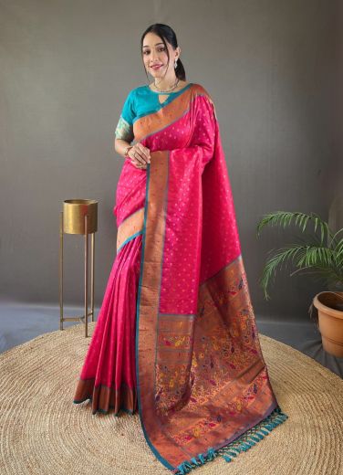 Pink Red Woven Paithani Silk Saree For Traditional / Religious Occasions