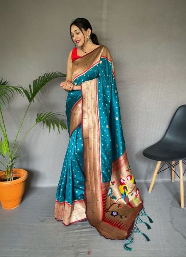 Sky Blue Paithani Silk Weaving Festive-Wear Saree