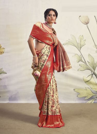 Cream & Red Dharmavaram Banarasi Silk Weaving Saree For Traditional / Religious Occasions
