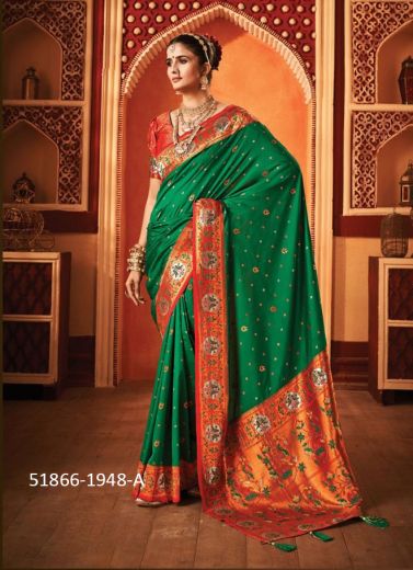 Green Swarovski Work Wedding-Wear Banarasi Silk Saree