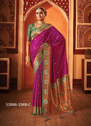 Purple Swarovski Work Wedding-Wear Banarasi Silk Saree
