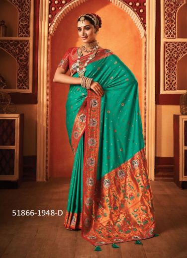 Teal Green Swarovski Work Wedding-Wear Banarasi Silk Saree