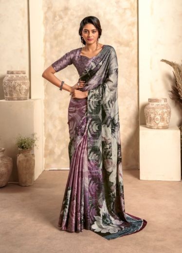 Mauve Soft Satin Silk Digitally Printed Party-Wear Saree