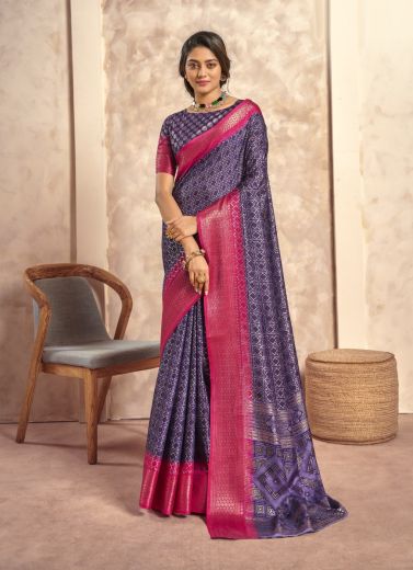 Violet Woven Soft Silk Saree For Traditional / Religious Occasions