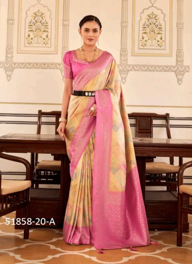 Yellow & Hot Pink Nylon Digitally Printed Soft Silk Saree For Traditional / Religious Occasions