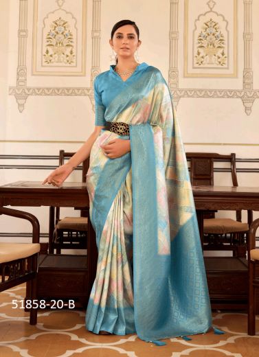 Cream & Sky Blue Nylon Digitally Printed Soft Silk Saree For Traditional / Religious Occasions