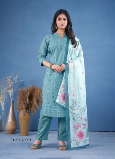 Light Blue Chanderi Schiffli-Work Festive-Wear Pant-Bottom Readymade Salwar Kameez