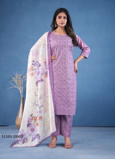 Lilac Chanderi Schiffli-Work Festive-Wear Pant-Bottom Readymade Salwar Kameez