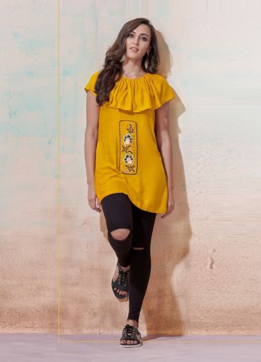 Yellow Rayon Thread-Work College-Wear Readymade Short Top