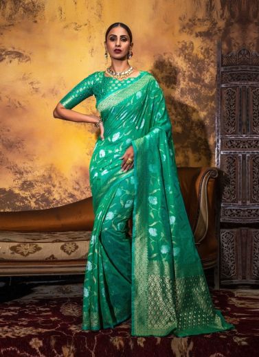 Aqua Green Cotton Woven Silk Festive-Wear Saree