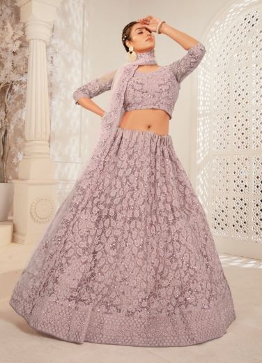 Mauve Pink Net Embroidered Wedding-Wear Reception Lehenga Choli