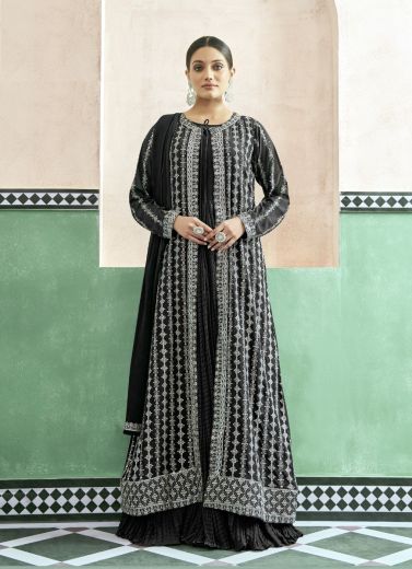 Black Georgette Thread-Work Readymade Gown With Jacket For Parties