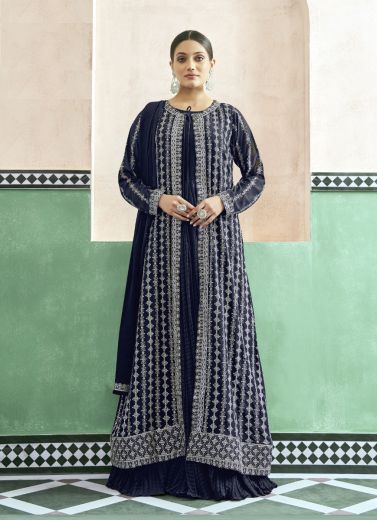 Dark Blue Georgette Thread-Work Readymade Gown With Jacket For Parties