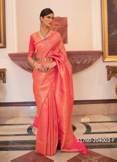 Salmon Woven Silk Handloom Saree For Traditional / Religious Occasions