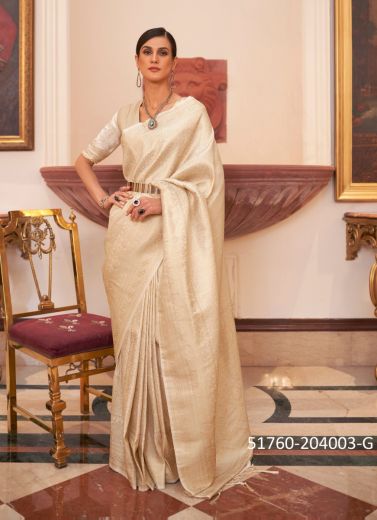 Bone White Woven Silk Handloom Saree For Traditional / Religious Occasions