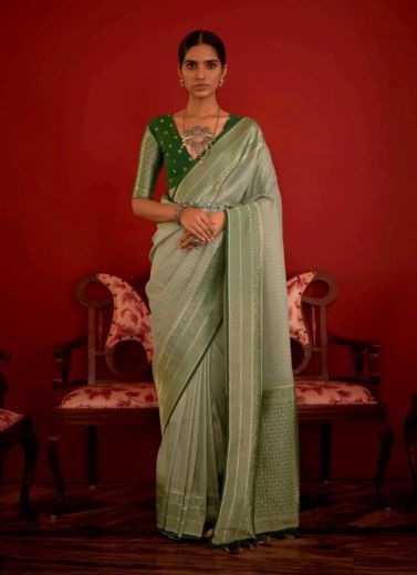 Light Sage Green Georgette & Silk Weaving Party-Wear Handloom Saree