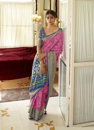 Hot Pink Tusser Silk Printed Party-Wear Saree