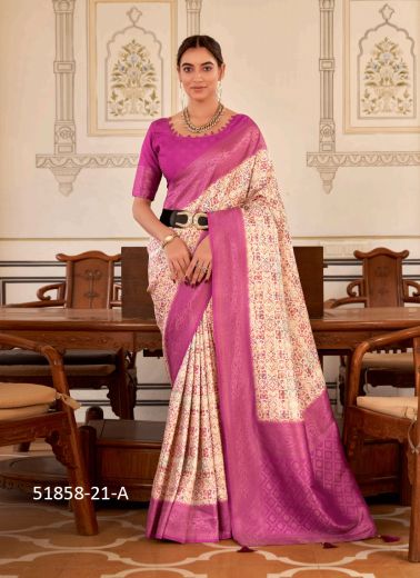 White & Purple Nylon Digitally Printed Soft Silk Saree For Traditional / Religious Occasions
