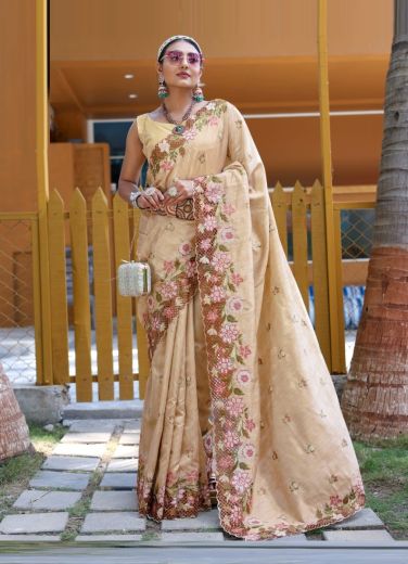 Beige Silk Embroidered Festive-Wear Saree