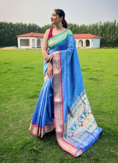 Sky Blue Paithani Woven Silk Saree For Traditional / Religious Occasions