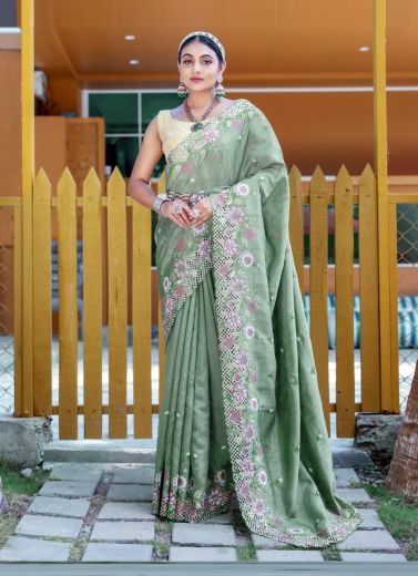Sea Green Silk Embroidered Festive-Wear Saree