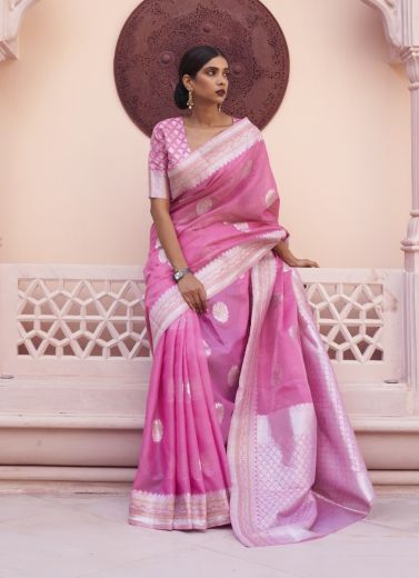 Hot Pink Linen Handloom Weaving Festive-Wear Saree