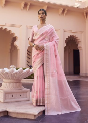 Pink Linen Handloom Weaving Festive-Wear Saree