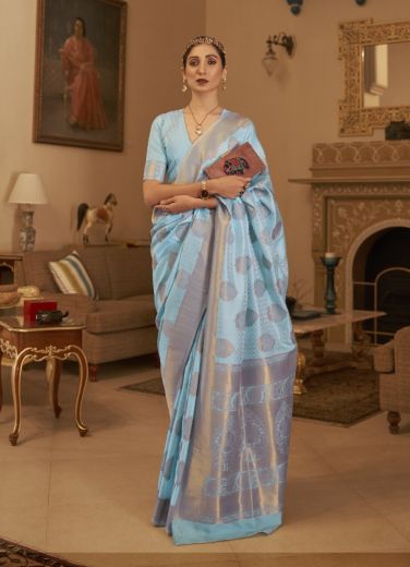 Light Blue Silk Handloom Weaving Saree For Traditional / Religious Occasions With Copper Zari Weaving