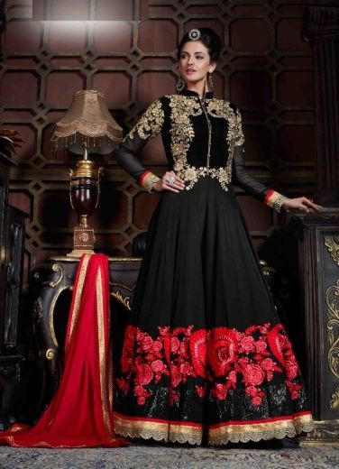 Black Georgette Embroidered Party-Wear Floor-Length Salwar Kameez