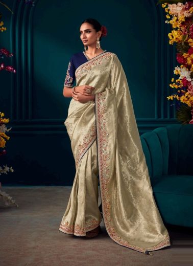 Beige Kanjivaram Silk Wedding-Wear Saree With Handwork