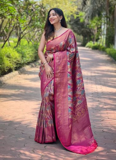 Purple Kanchipattu Silk Floral Digitally Printed Saree For Traditional / Religious Occasions