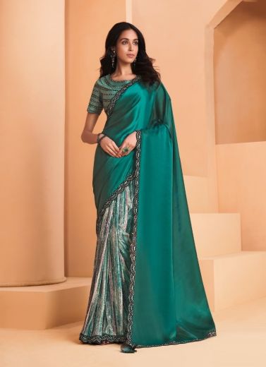 Teal Blue Satin Crape Silk Embroidered Party-Wear Boutique-Style Saree