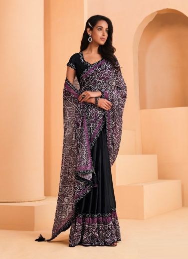 Black Satin Crape Silk Embroidered Party-Wear Boutique-Style Saree