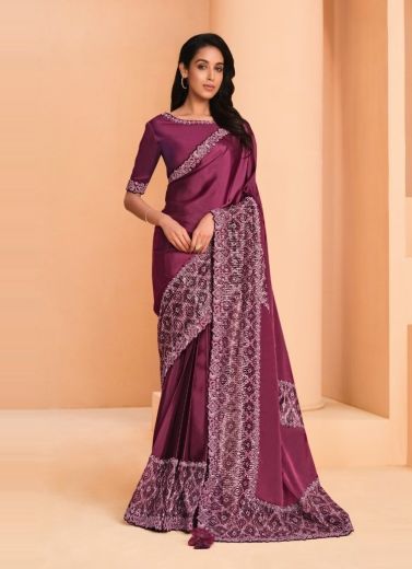 Wine Satin Crape Silk Embroidered Party-Wear Boutique-Style Saree